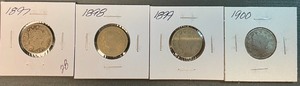 Four Different Liberty Head Nickels - 1897, 1898, 1899, & 1910
