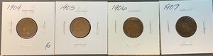Four Different Indian Head Cents - 1904, 1905, 1906, & 1907
