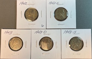 Five Different Silver War Nickels - 1942P,S & 1943P,D,S