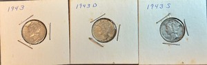 Three Different Mercury Dimes - 1943, 1943D, & 1943S