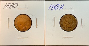 Two Different Indian Head Pennies - 1880 & 1882