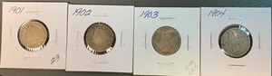 Four Different Liberty Head Nickels - 1901, 1902, 1903, & 1904