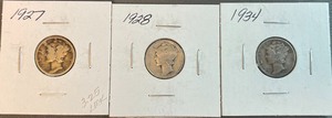 Three Different Mercury Dimes - 1927, 1928, & 1934