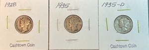 Three Different Mercury Dimes - 1928, 1935, & 1935-D