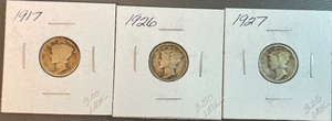 Three Different Mercury Dimes - 1917, 1926, & 1927