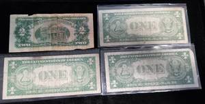 4 US NOTES 3 X $1 BLUE SEALS & 1 RED SEAL $2 HARSHLY FOLDED & STAINED