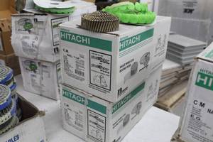 lot 169 image: Lot of (2) Hitachi Coil Nail 1-14 Ring Shank Galvanized Diamond Point with Plastic Caps 2800-count Box