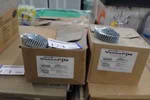 lot 174 image: Lot of (2) Aerosmith Versapin Coil Nails - Special Demonstration Coil 150 per coil .100 x 1-38 2100-count Box, Conical Wire Coil 200 per coil .100 x 1-14 2400-count Box