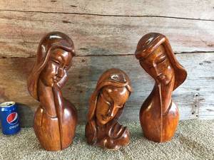 lot 18 image: 3 Vintage Carved Wooden Women Figures