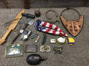 lot 91 image: Vintage Metal Watches, Pocket Watch, Knives, Belt Buckles, Willie Nelson Autographed Headband