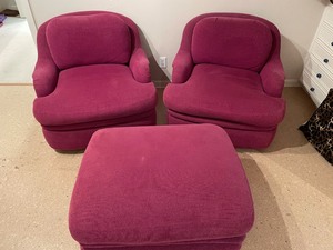 lot 29 image: Pair of Oversized Chairs by Marge Carlson wOttoman