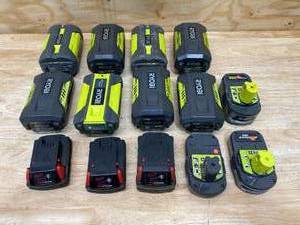 Lot of RYOBI Batteries and MILWAUKEE Chargers (non-working)