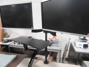 lot 16 image: Standing computer, keyboard, Dual Monitor Stand,  Dual 22 in LCD Monitors included
