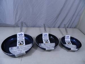 lot 36 image: 3 New Blue Sapphire Ceramic Coated Pans