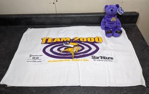 lot 120 image: (3) Team 2000 Vikings NFC Touchdown Towels & Randy Moss Bear