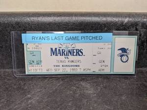 lot 95 image: 1993 Seattle Mariners MLB Ticket Nolan Ryans Last Game