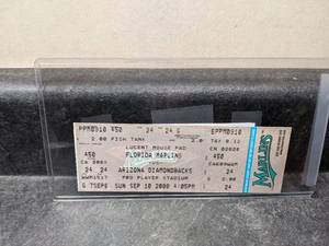 lot 98 image: Marlins vs. Diamondbacks MLB Full Ticket Randy Johnson 3000 Strike Out