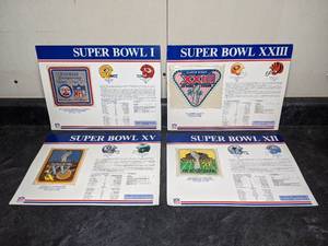 lot 27 image: NFL Super Bowl Patches w Game Summaries I, XII, XV & XXIII