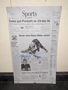 lot 46 image: Signed Brian Bonin 1996 Hobey Baker Star Tribune Sports Page