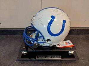 lot 1 image: Indianapolis Colts NFL Helmet Signed by Peyton Manning, Edgerrin James, and Marvin Harrison