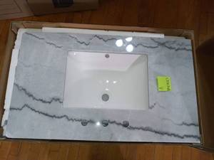 lot 44 image: 37 in. W Marble Single Sink Vanity Top in Arabescato Venato with White Sink by MSI- slightly cracked