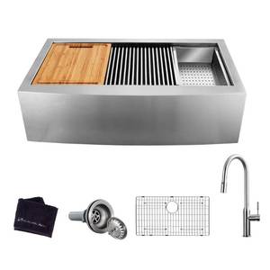 lot 45 image: All-in-One FarmhouseApron-Front Stainless Steel 30 in. Single Bowl Workstation Sink with Faucet and Accessories by Glacier Bay- open box not used