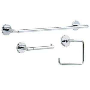 lot 65 image: Lyndall 3-Piece Bath Hardware Set with Towel Ring Toilet Paper Holder and 24 in. Towel Bar in Chrome by Delta- open box not used