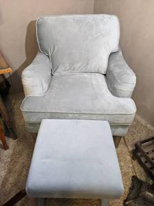 lot 200 image: Powder Blue Velvet Tommy Hilfiger Chair with Ottoman - Beautiful and Comfortable