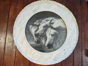 lot 212 image: Horses in Round Wood Frame Painted White Art Picture