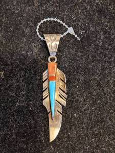 lot 125 image: Sterling Silver Turquoise and Coral Feather Native American Pendant