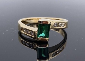 lot 29 image: Channel Set Natural Emerald and Diamond Estate Ring in 14k Yellow Gold $2250 Retail