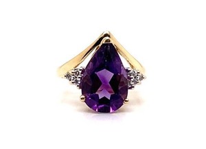 lot 54 image: Large High Grade Amethyst and Diamond Estate Ring in 14k Yellow Gold $1750 Retail