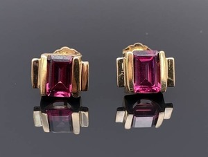 lot 57 image: Beautiful Pair of Natural Raspberry Tourmaline Estate Earrings in 14k Yellow Gold $850 Retail