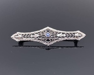 lot 61 image: Flawless Art Deco Filigree Sapphire Pin in 14k White Gold $1650