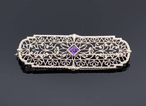lot 64 image: Elegant Victorian Revival Filigree Amethyst Pin in White Gold $900 Retail
