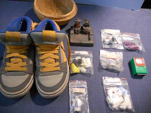 lot 20 image: Random Lot - Kid Shoes Size 2, Advertising Viewer, Cast Iron Ash Tray, Barbie Accessories