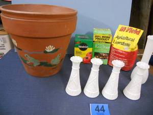 lot 44 image: Handpainted Terra Cotta Pot (Holes Drilled for Waterfall), Milk Glass vases, and Fertilizer