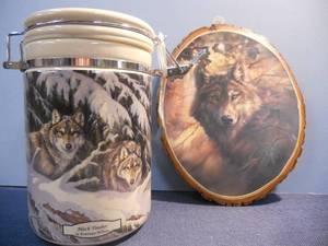 lot 43 image: Wolves New Canister (still has Toffee Candy, I believe, its sealed) and Wall Hanging
