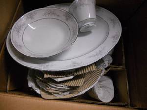 lot 13 image: Noritake Japan Legendary Sweet Leilani China - 8 Place Settings including cups and saucers, plates, bowls, salad plates Plus Serving Pieces - Creamer, Sugar, Serving Platter, Serving Bowl - NEVER USED