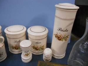 lot 117 image: Westfield Art Pottery - Made in England Canister Set, Stylish Old Wood Box, Advertising Thermometer, Hats, Wooden Spools More