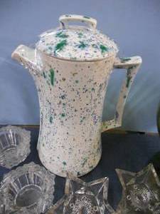 lot 100 image: Tea Pot, LeatherLeather-Like Placemats, Green Glass Compote Bowl, Candle Holders, More