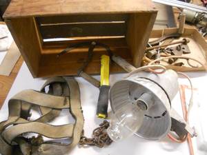 lot 129 image: Wood Crate, Shop Light, Strap, Random Tools