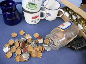 lot 149 image: Bottle of New Bottle Caps for Brewing, Enamel Mugs, Eddie Bauer Cup, Lots of cabinet handles