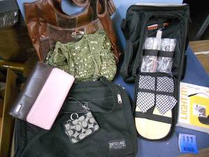 lot 111 image: New Wine and Cheese Picnic Set (new), Battle Lake USA Brief Case, Day Planner, Coach Knock Off Wallet, 2 Purses, Computer Light
