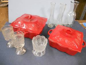 lot 133 image: 2 Cut Glass Wine Glasses, Cut Glass Candle Holder, Vases, Water Caraff, 2 Red Serving Dishes with Lids
