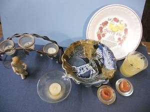 lot 152 image: Willow Tree Figure, Corky Pottery Bowl, Cherry Pie Plate, Candles