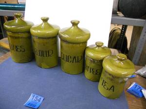 lot 1 image: Green Vintage Holiday Design Co Canister Set - Rare Cookie Jar and Rare Full Set with No Issues