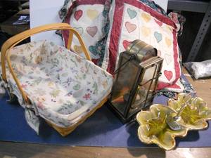 lot 171 image: Longeberger Basket with Liner, Pillows, Vintage Server and lantern