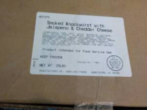 lot 351 image: 25 lb. Box of Frozen Smoked Knockwu...