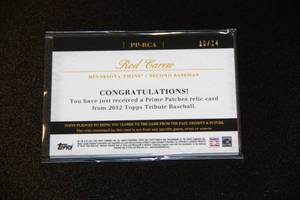 lot 32 image: 2012 Topps Tribute Rod Carew Triple Color Patch Relic Card 1824